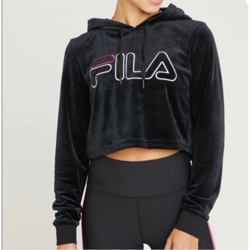 FILA x SOUL cycle crop black velour pullover drawstring hooded size Medium